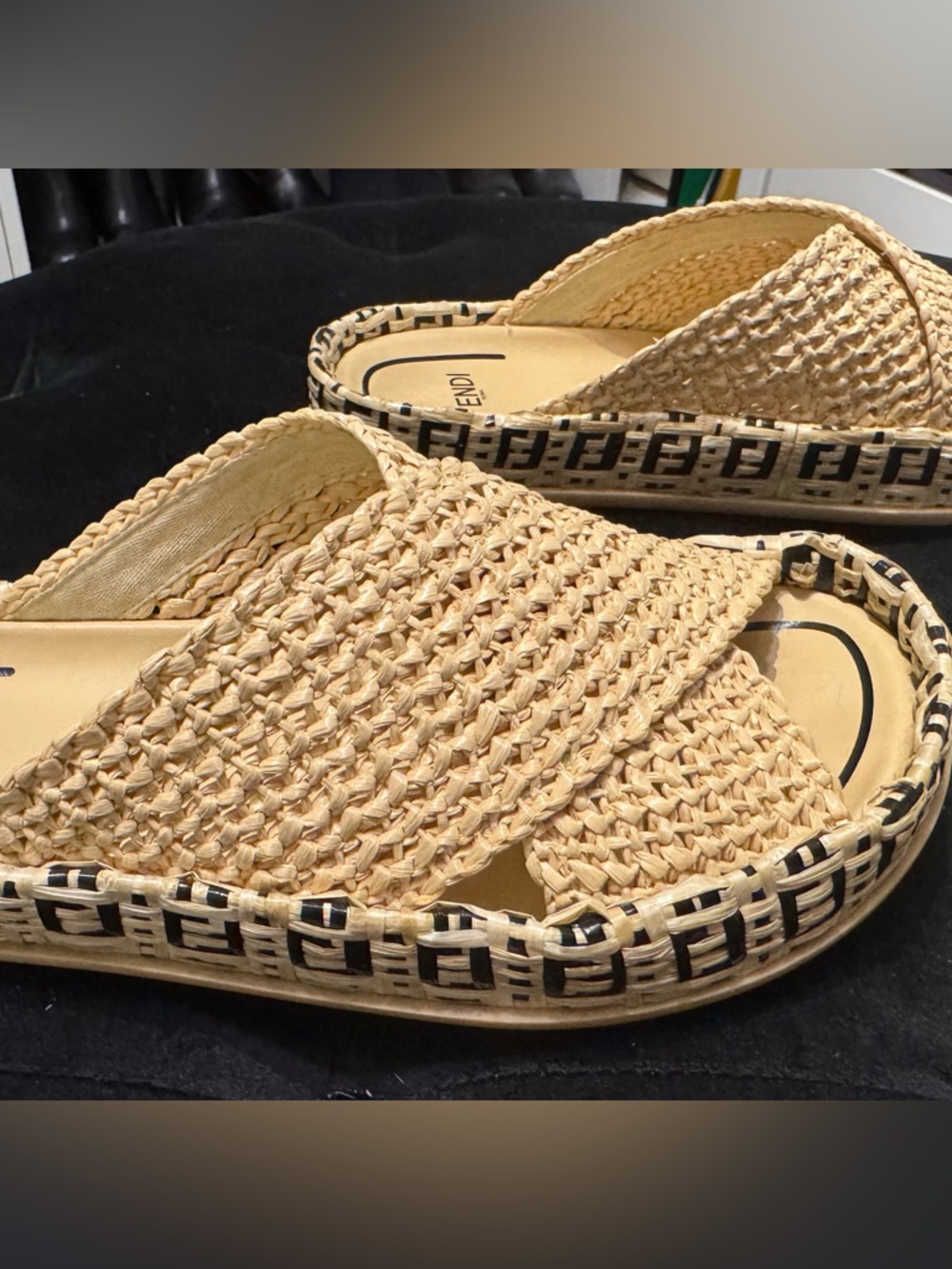 Fendi Beige Raffia Slide Sandals - Picture 4 of 8